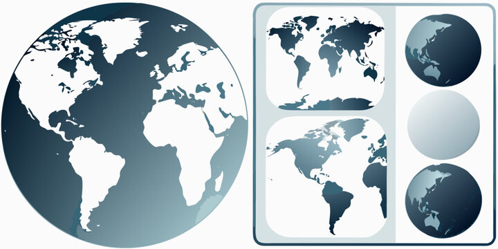 Illustrative world maps and globes in shades of blue and gray