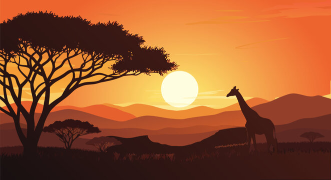African savanna landscape at sunset, a vector illustration featuring a lone giraffe silhouetted against a vibrant sky with rolling hills and acacia trees, serene and majestic scene