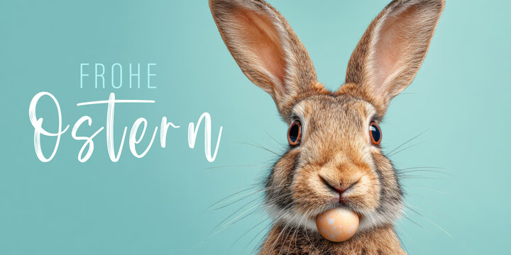 Frohe Ostern Konzept Feiertag Gru&szlig;karte, Karte mit deutschem Text - Cooler Osterhase, Hase, Feldhase mit Osterei, isoliert auf blauem Hintergrund