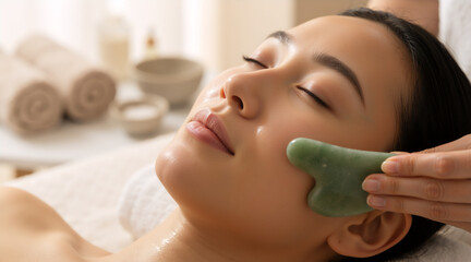 Close up of a young Asian woman receiving a gua sha facial massage. Professional spa treatment with green jade stone for lymphatic drainage. Wellness and skincare routine concept