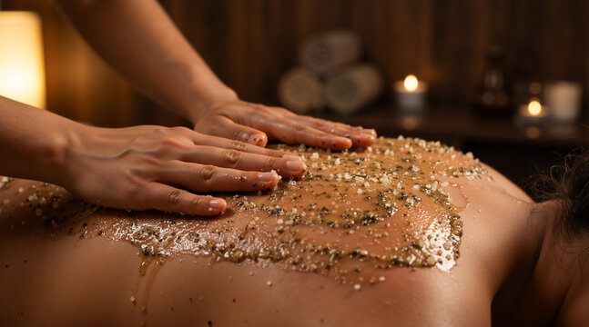 Close up of a body scrub treatment on a person's back. Professional massage therapist applying exfoliating salt scrub in a spa. Wellness and skincare concept