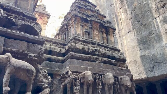 Kailasa Temple (Cave 16) at Ellora Caves in Maharashtra, India, monumental Hindu rock cut temple carved from single rock

