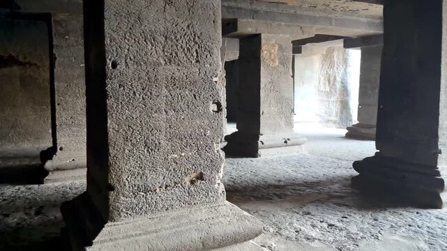 Ellora Caves Cave 12 in Maharashtra, India, three storey Buddhist rock cut cave temple at UNESCO World Heritage site
