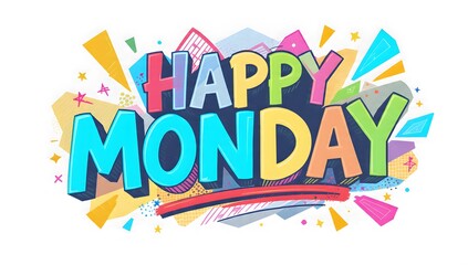 Colorful typographic design with 'HAPPY MONDAY' text in bold, multicolored letters on a white background with geometric shapes and vibrant accents.
