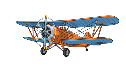 Vintage orange biplane with two sets of wings and a spinning propeller shown flying against a white background.