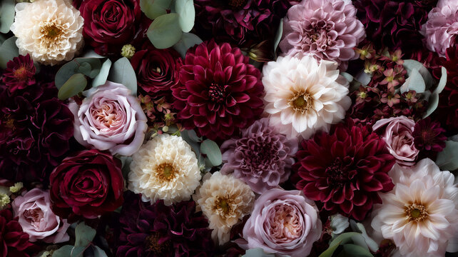 ボルドーローズとダリアの深みのあるエレガントなフラワー背景｜シックカラー