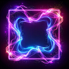 Abstract neon energy square formed by particles and light waves, magical glow, futuristic atmosphere