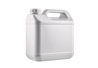 White plastic gallon jug with handle and cap front angle view, isolated on a transparent background