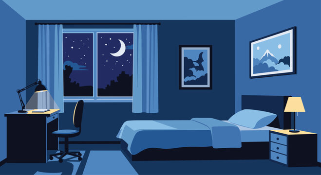 Cozy bedroom interior at night featuring a bed, desk with a lamp, and a window showing a starry sky with the moon.