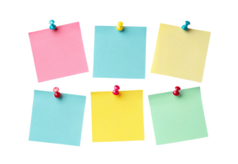 Colorful sticky notes with push pins arranged in grid pattern, isolated on a transparent background