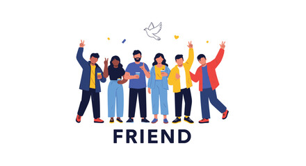 Diverse group of seven young friends standing together smiling and celebrating with the word friend below them.