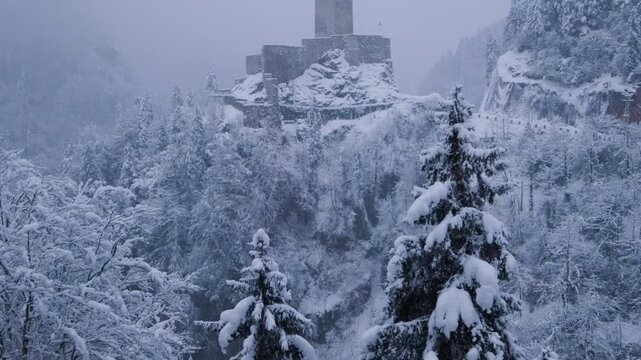 Snow-covered pine forest with Zilkale Castle rising in the background in Rize, Turkey. Atmospheric winter scenery with fog and mountains, ideal for travel, nature, history, and cinematic landscape con