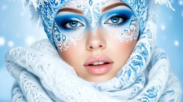 Elegant woman with elaborate white and blue winter face art and a matching headdress, soft white scarf, festive makeup and mesmerizing blue eyes.