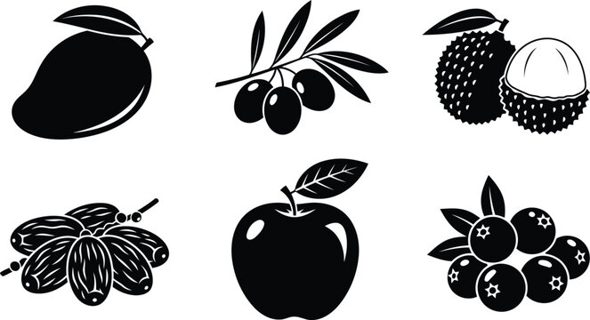 Tropical fruit vector silhouette set isolated on white, black graphic illustration icons