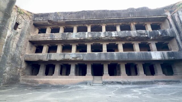 Ellora Caves Cave 12 in Maharashtra, India, three storey Buddhist rock cut cave temple at UNESCO World Heritage site
