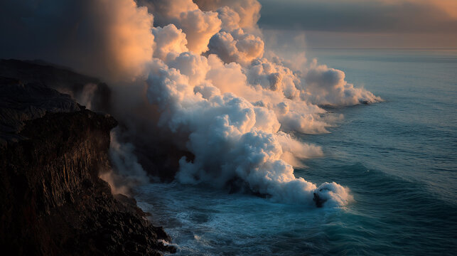 meson. Lava meeting ocean, forming black volcanic rock with rising steam at sunset. inspiring travel planning, travel magazines, designed for travel destination branding, used by nutritionists.