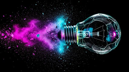 Cracked Light Bulb with Vibrant Pink and Blue Energy Explosion