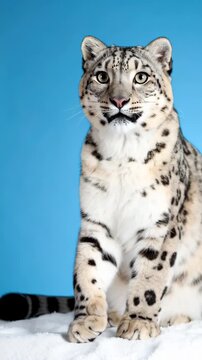 Elegant snow leopard portrait showcasing spotted fur and intense gaze against a smooth blue background, displaying powerful paws resting on white surface.