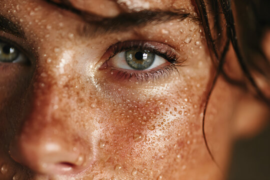 Close-up of a Woman's Face with Water Droplets