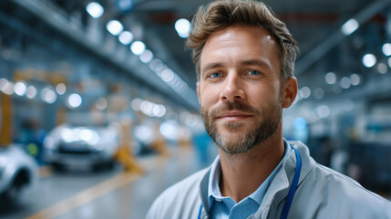Fototapeta premium Engineer worker in automotive factory during car manufacturing process, faceless professional, assembly line production, industrial workspace, vehicle fabrication, defocused factory floor,