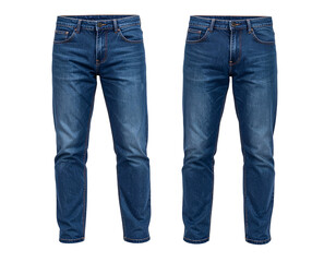 Two pairs of blue denim jeans, front view, on a white background