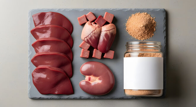 Raw beef organs including liver, heart, and kidney with suppleme