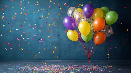 Colorful balloons and confetti on blue background for celebration party