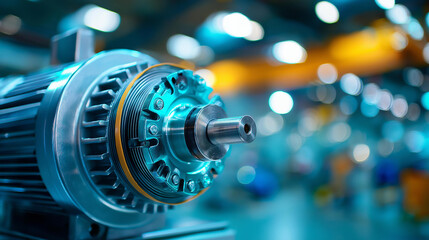 Fototapeta premium Electric motor on factory floor showcasing industrial engineering, power equipment display, manufacturing component, mechanical device, defocused production facility, with copy space