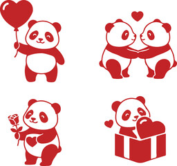  Collection of 4 Cute Valentine's Day Panda Icons, Red Silhouette Set Featuring Panda with Heart Balloon and Rose for 2026 