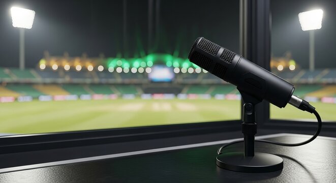 Professional microphone ready for live cricket commentary in a vibrant Pakistan Super League stadium at night, capturing the excitement concept