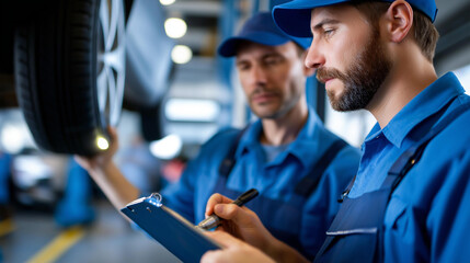 Two mechanics inspecting suspension and tire with flashlight and clipboard, faceless technicians on lift, teamwork maintenance, repair expertise, automotive service, defocused garage, with