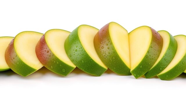 Fresh green and yellow mango slices arranged in row on white background