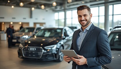 Confident businessman smiling while using tablet in modern car dealership