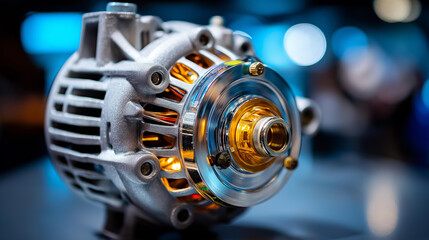Detailed image of silver automotive alternator showcasing intricate design, electrical components detail, car parts photography, mechanical engineering, precision manufacturing, with copy