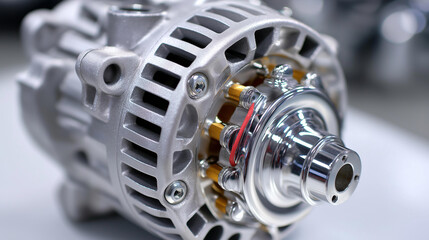 Detailed image of silver automotive alternator showcasing intricate design, electrical components detail, car parts photography, mechanical engineering, precision manufacturing, with copy