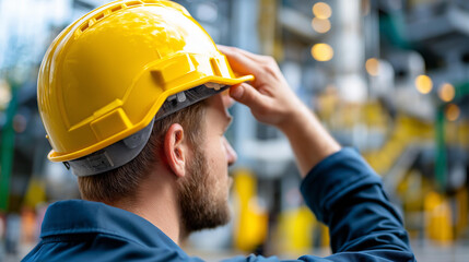 Afternoon inspection of oil refinery equipment by male worker, faceless technician, industrial facility maintenance, petroleum operations, defocused industrial background, with copy space