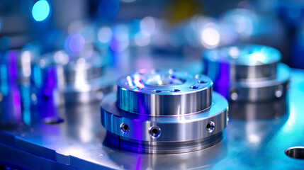 Metal forming abstract precision engineered aluminum stamping, automotive component manufacturing, industrial fabrication, precision metalwork, defocused production process, with copy space