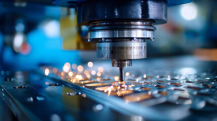 Closeup medium shot showing stamping machine cutting rectangular patterns, large metal sheet processing, automotive parts fabrication, precision manufacturing, defocused equipment, with