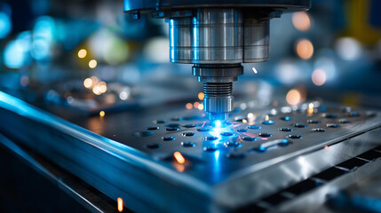 Closeup medium shot showing stamping machine cutting rectangular patterns, large metal sheet processing, automotive parts fabrication, precision manufacturing, defocused equipment, with