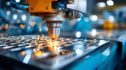 Closeup medium shot showing stamping machine cutting rectangular patterns, large metal sheet processing, automotive parts fabrication, precision manufacturing, defocused equipment, with