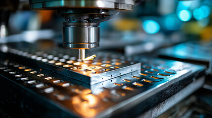 Closeup medium shot showing stamping machine cutting rectangular patterns, large metal sheet processing, automotive parts fabrication, precision manufacturing, defocused equipment, with