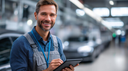 Skilled automotive engineer smiling holding tablet, faceless professional, modern high-tech car factory, technology industrial expertise symbolism, defocused production floor, with copy