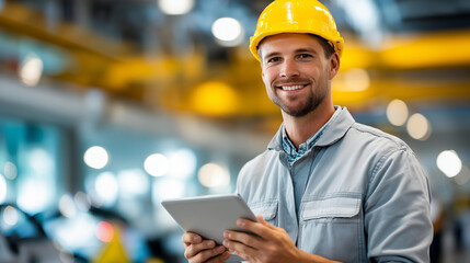 Skilled automotive engineer smiling holding tablet, faceless professional, modern high-tech car factory, technology industrial expertise symbolism, defocused production floor, with copy