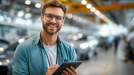 Skilled automotive engineer smiling holding tablet, faceless professional, modern high-tech car factory, technology industrial expertise symbolism, defocused production floor, with copy