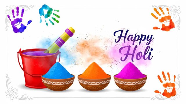 Happy Holi Festival Background Color Powder Bucket Handprints
