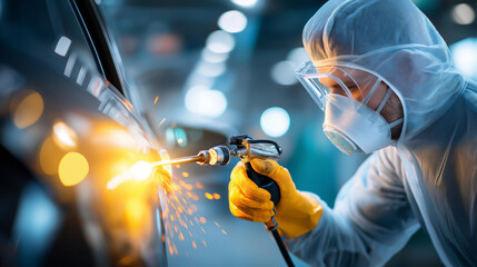 Man in protective suit painting car with spray gun, faceless painter, automotive industry concept, car manufacturing, auto refinishing, industrial protection, defocused booth, with copy