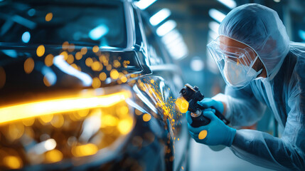 Man in protective suit painting car with spray gun, faceless painter, automotive industry concept, car manufacturing, auto refinishing, industrial protection, defocused booth, with copy