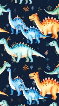 Watercolor style dinosaur pattern featuring cute cartoon dinosaurs among simple botanical leaf elements on a dark background.