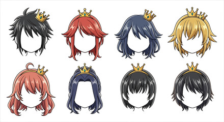Eight cartoon royal hairstyles with crowns for characters