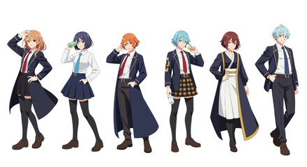 Obraz premium Six anime characters in school uniforms posing confidently